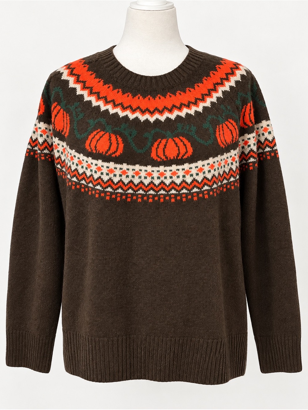 Vince Camuto Brown Sweater with Orange Pumpkin Fair Isle Yoke